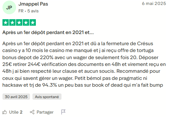 Avis client 4 - Tortuga Casino